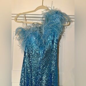 Sherri Hill full length sequin gown -one shoulder / feathers-size 6 vintage blue